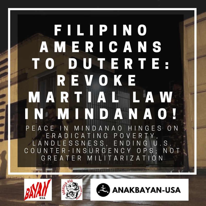 Filipino Americans Call for Duterte to Revoke Martial Law – Joint Statement from BAYAN-USA, GABRIELA USA, and ANAKBAYAN-USA